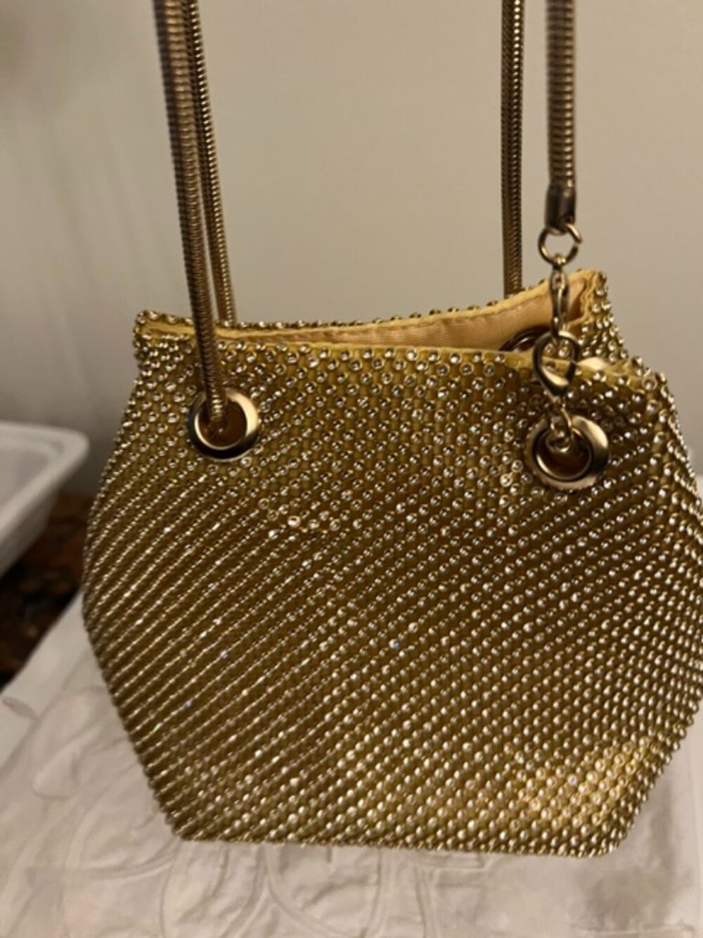 Gold Metallic Metal Mesh Shoulder Bag with Beaded Accents & Drawstring Chain